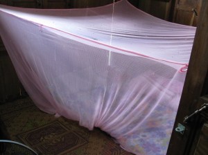 Mosquito net surrounding my bed.  Note the gecko poop on the top. 