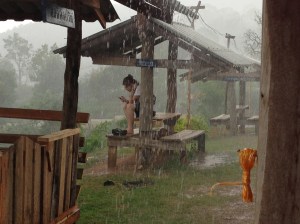 Volunteer Thom trying to get a connection in a storm. Yeah--that's going to happen.